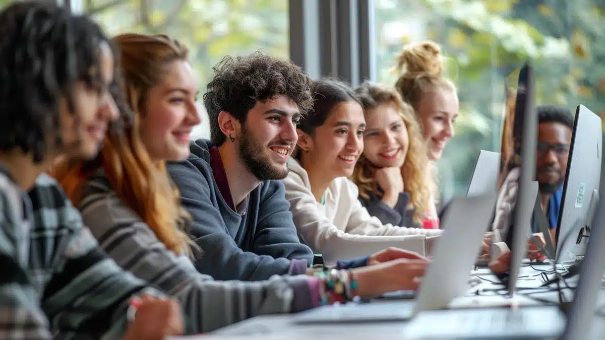 Grupo de estudiantes trabajando juntos en sus solicitudes para el máster en TI.