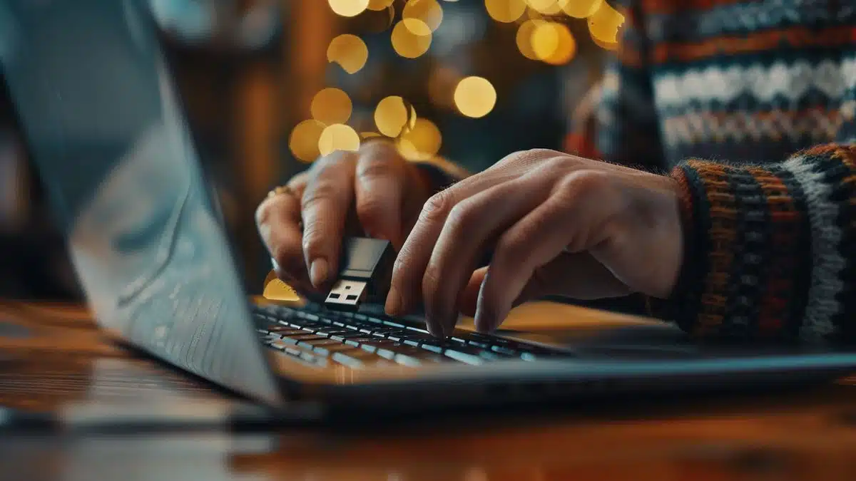 Hands plugging a USB key with OFGB into a laptop.