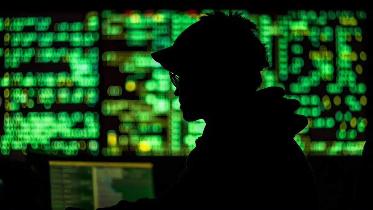 Silueta de hacker frente a una pantalla de computadora con mensajes de advertencia.