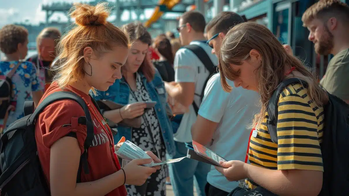 Grupo de personas comprobando la legitimidad de los vendedores de entradas en un evento.