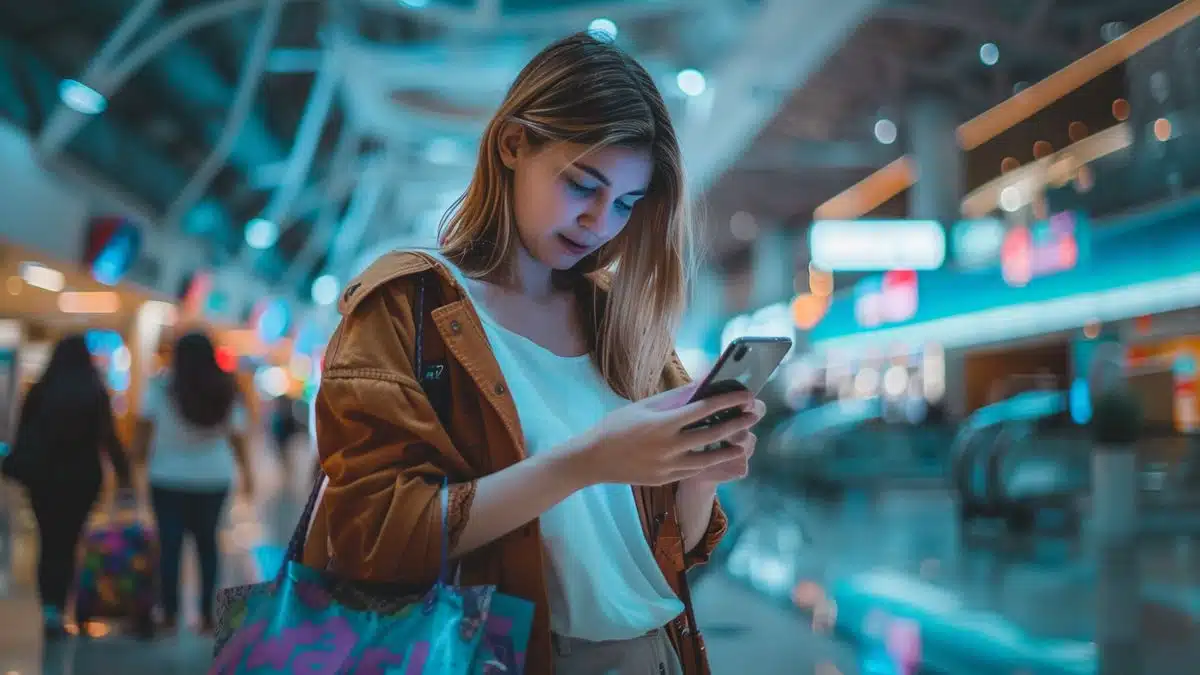 Mujer comprando en línea en su teléfono en una concurrida terminal del aeropuerto.