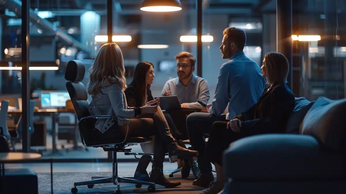 Group of people discussing cybersecurity measures in a modern office.