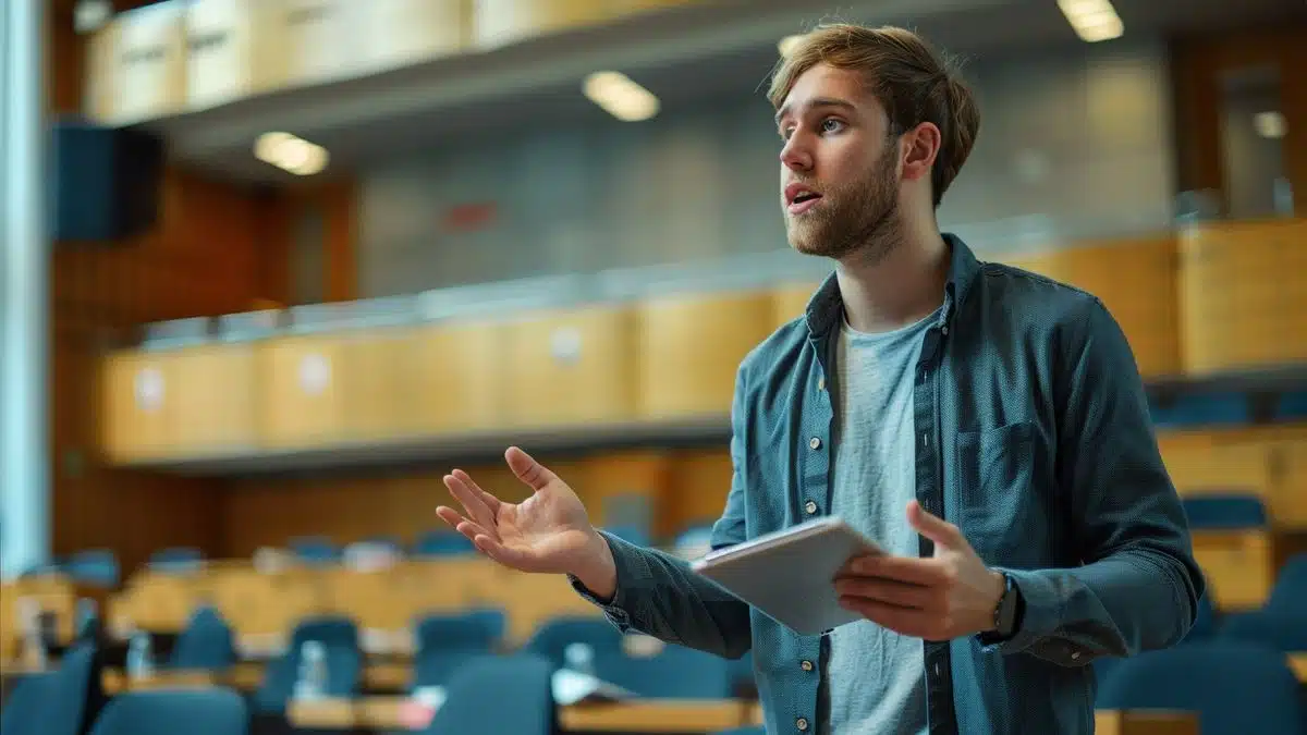 A lecturer explaining the importance of cybersecurity in digital technology.