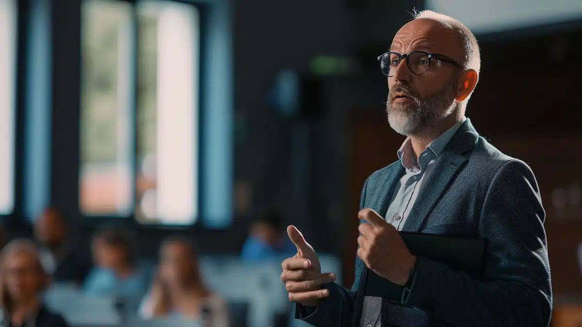 Un experto en ciberseguridad dando una conferencia sobre gestión y protección de datos.