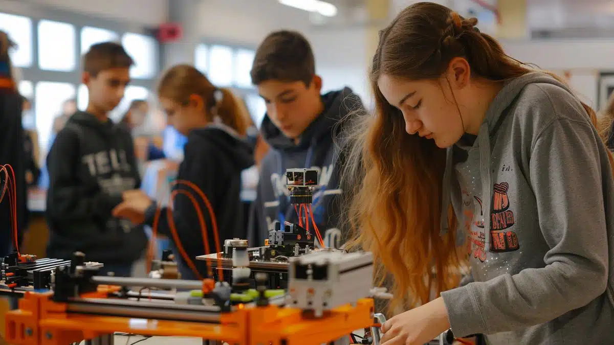 Estudiantes mostrando sus creaciones y proyectos durante un evento escolar.