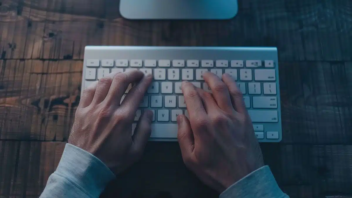 Hands typing on a keyboard searching for cybersecurity resources and support.