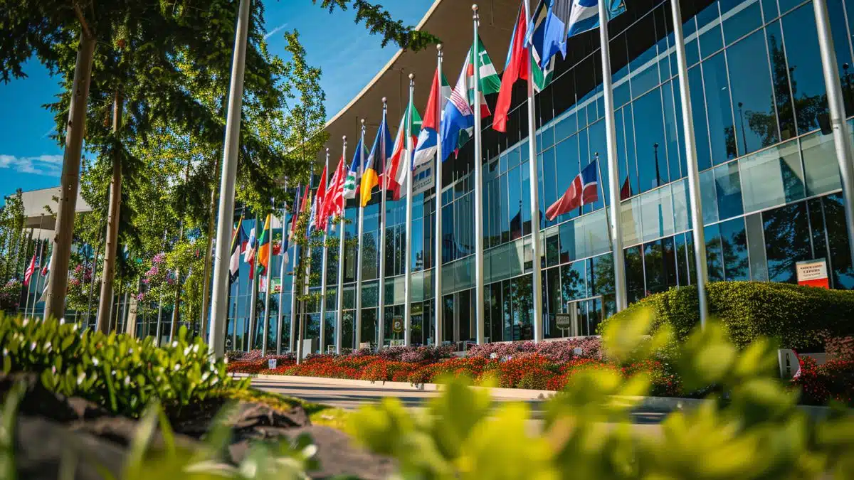 International flags waving in front of a conference center for regulatory discussions.