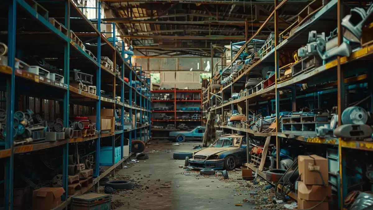 A deserted warehouse with shelves of car parts left untouched