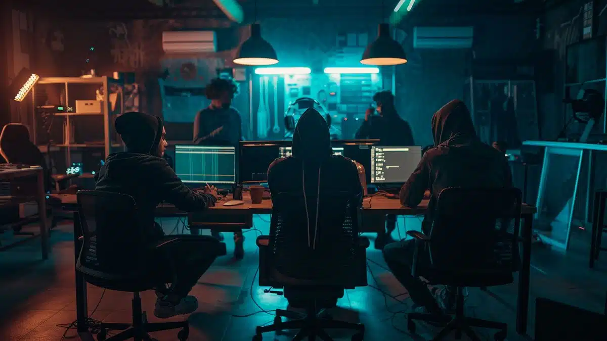 Group of hackers in a dark room working on cyber attacks