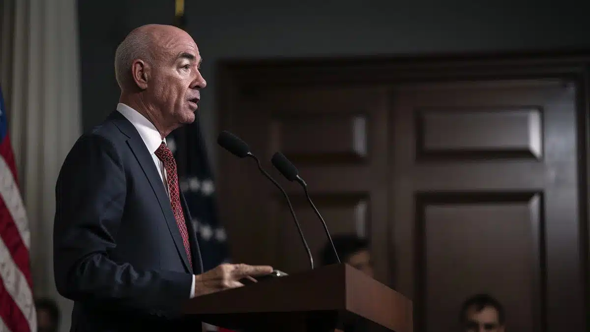 Alejandro Mayorkas, Secretary of Homeland Security, giving a press conference