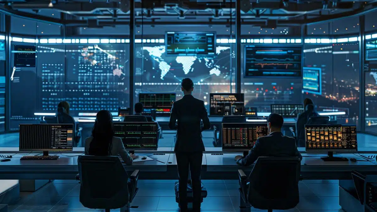 Network security team analyzing data breaches in a hightech control room.