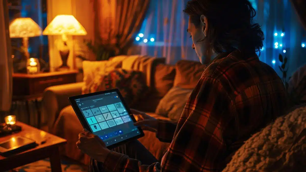 Person updating security settings on a tablet in a cozy room.
