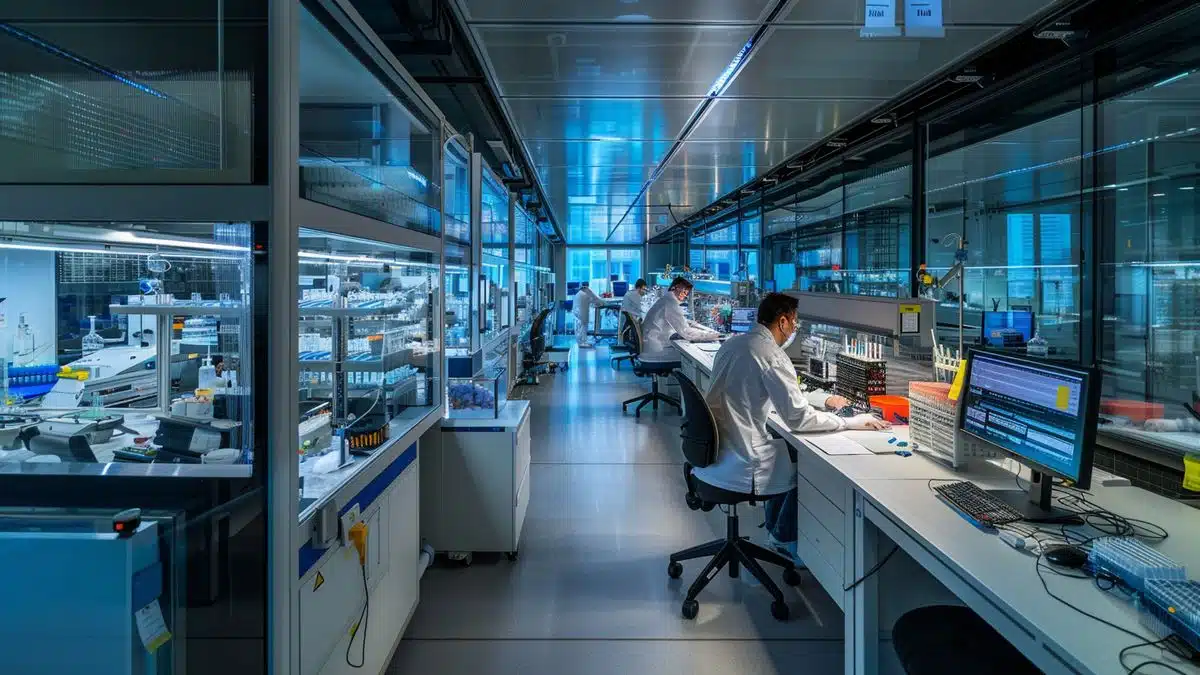 Hightech laboratory in Paris with scientists working on AI and quantum technologies.