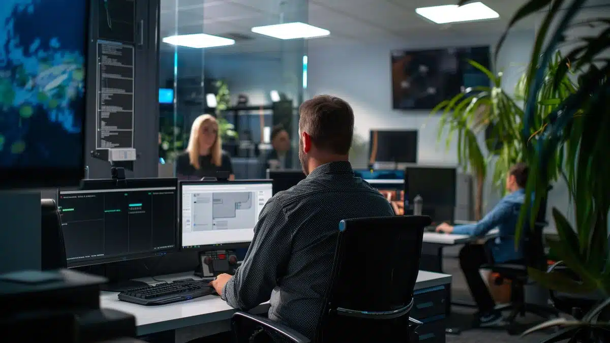 Office setting with security experts analyzing Squidloader techniques at LevelBlue Labs