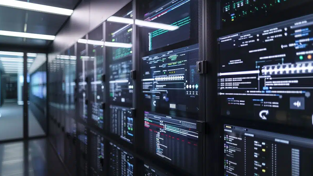 A server room with screens displaying Veeam Backup PowerShell scripts