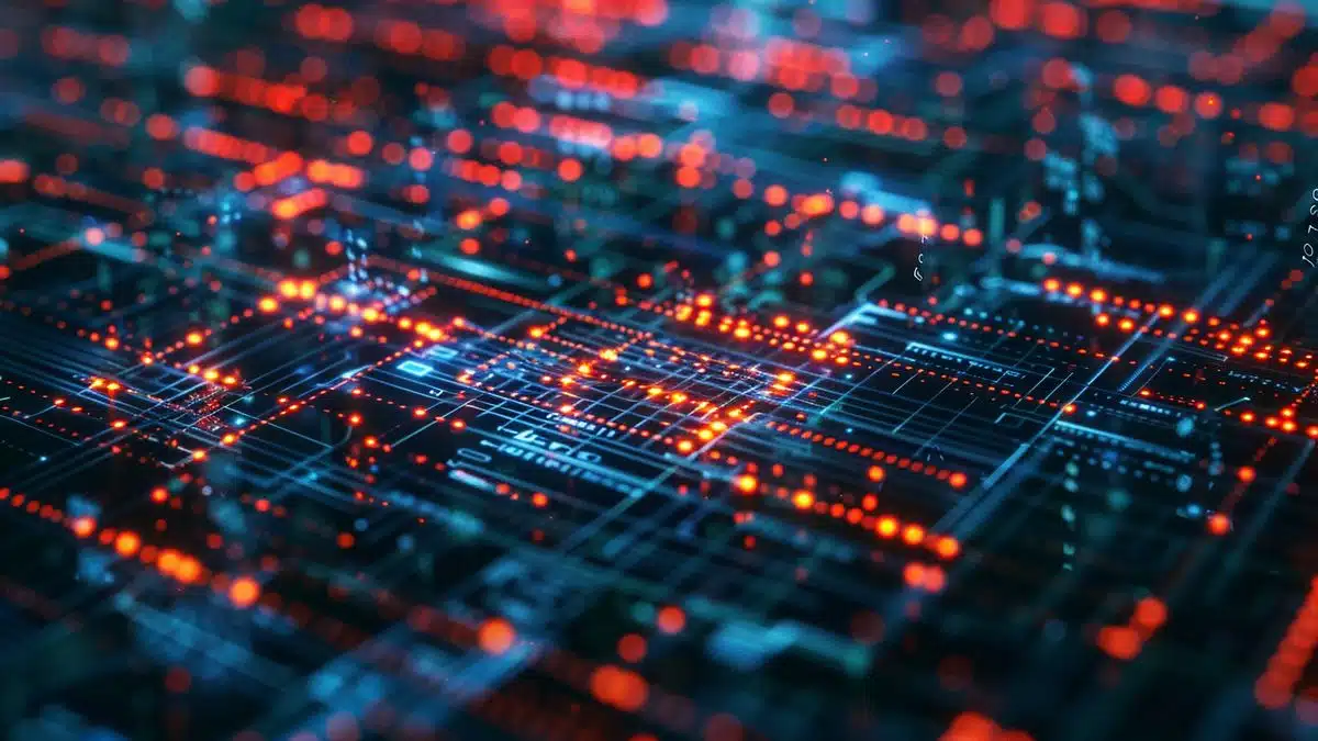 Digital code streams transforming into intricate network schematics.