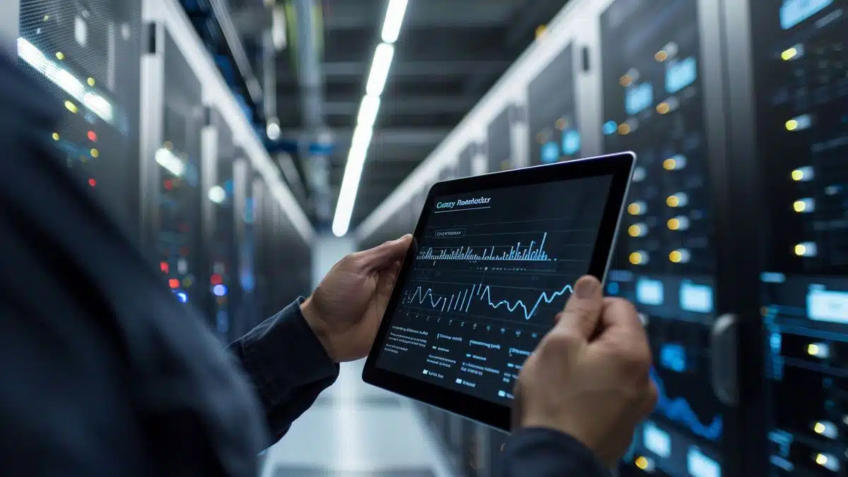 Persona que sostiene una tableta que muestra el índice de preparación para la ciberseguridad de Cisco.