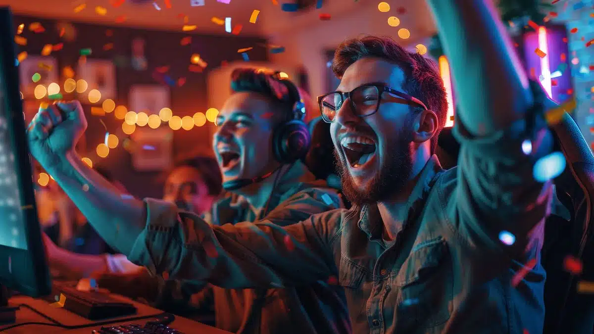 Alexander and Iakov celebrating in front of their computer screens.