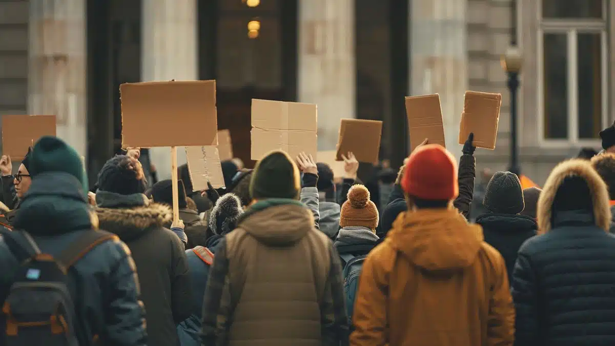 Protesters holding signs outside a government building.