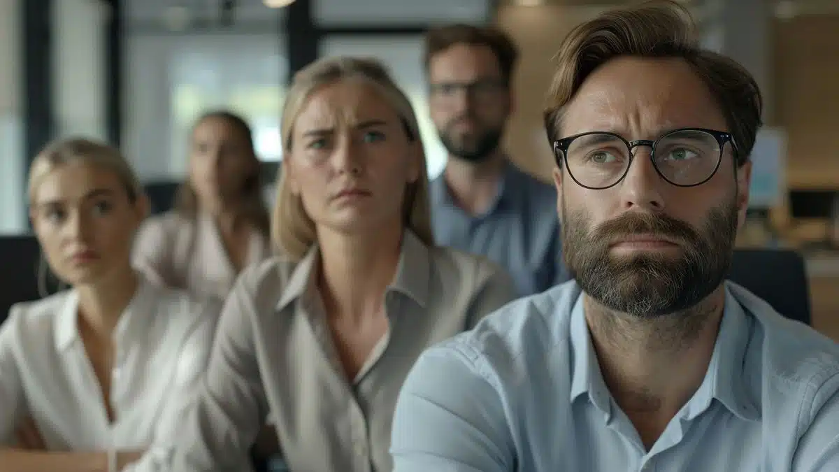 Group of employees in an office, concerned expressions.