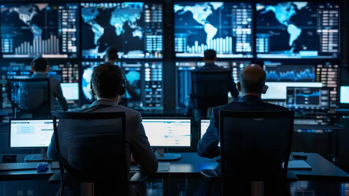 Team of experts monitoring AIdriven cybersecurity software in a control room.