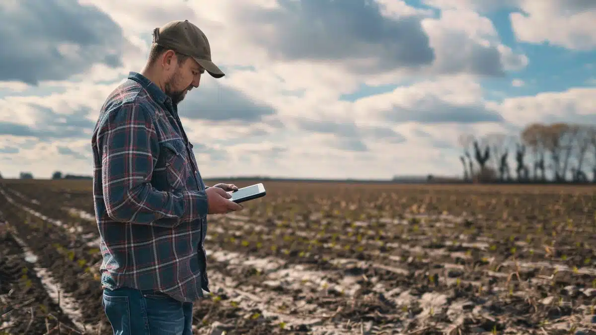 Agricultor inspeccionando un dispositivo IoT en un campo vasto y aislado.