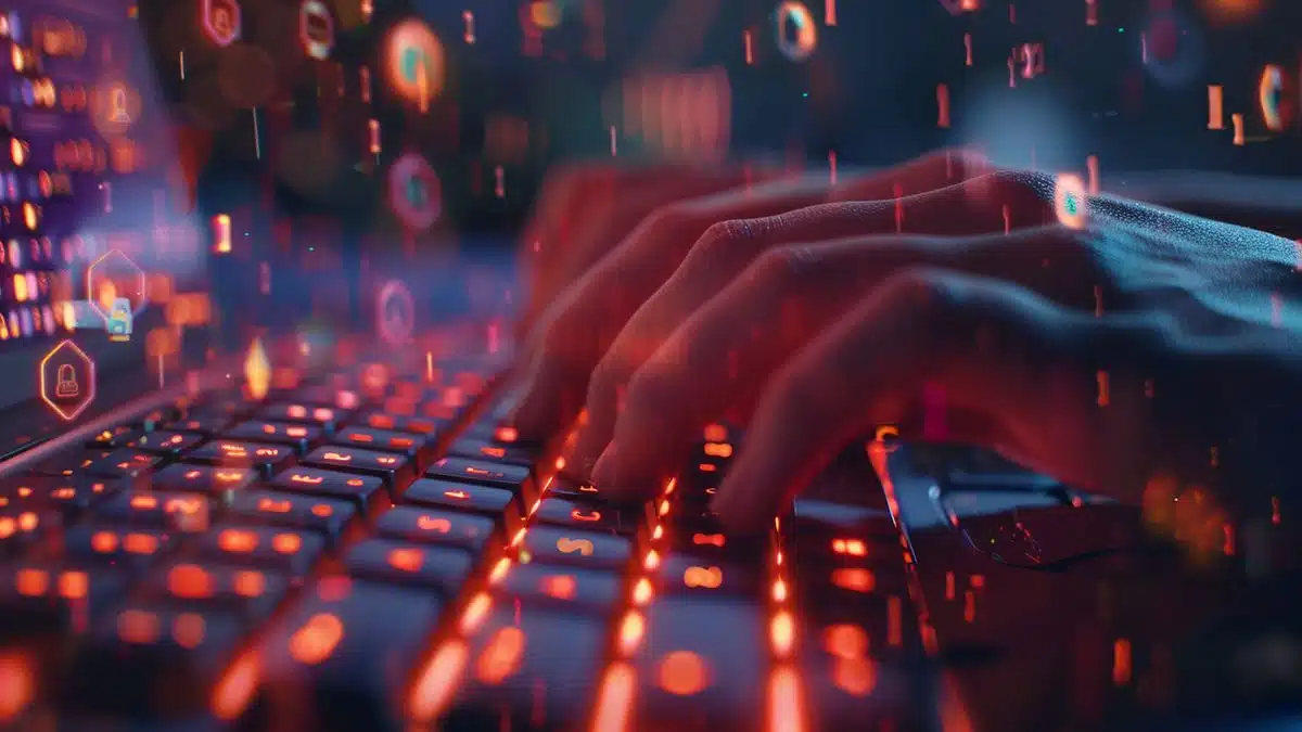 Hands typing on a keyboard with security icons overlay.