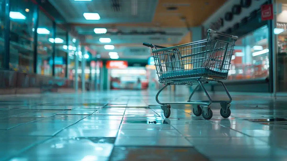 Shopping cart abandoned in empty store aisle, reflecting declining customer trust.