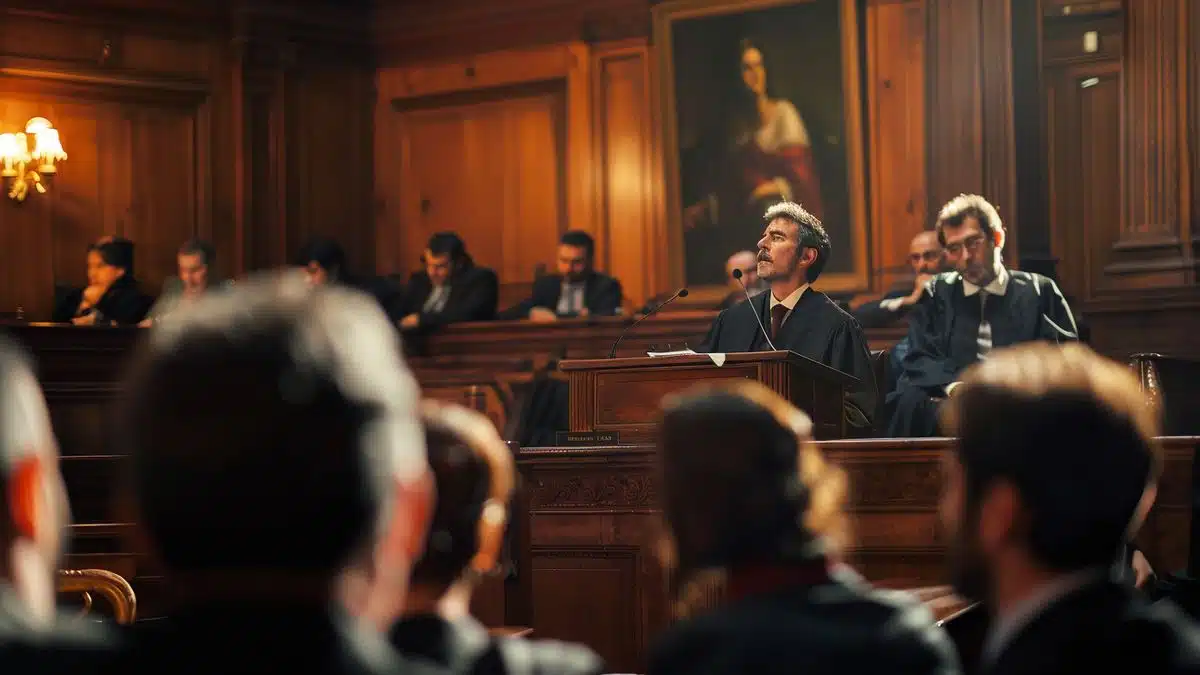 Courtroom scene with Sébastien Raoult, judge delivering verdict, tension visible on faces.