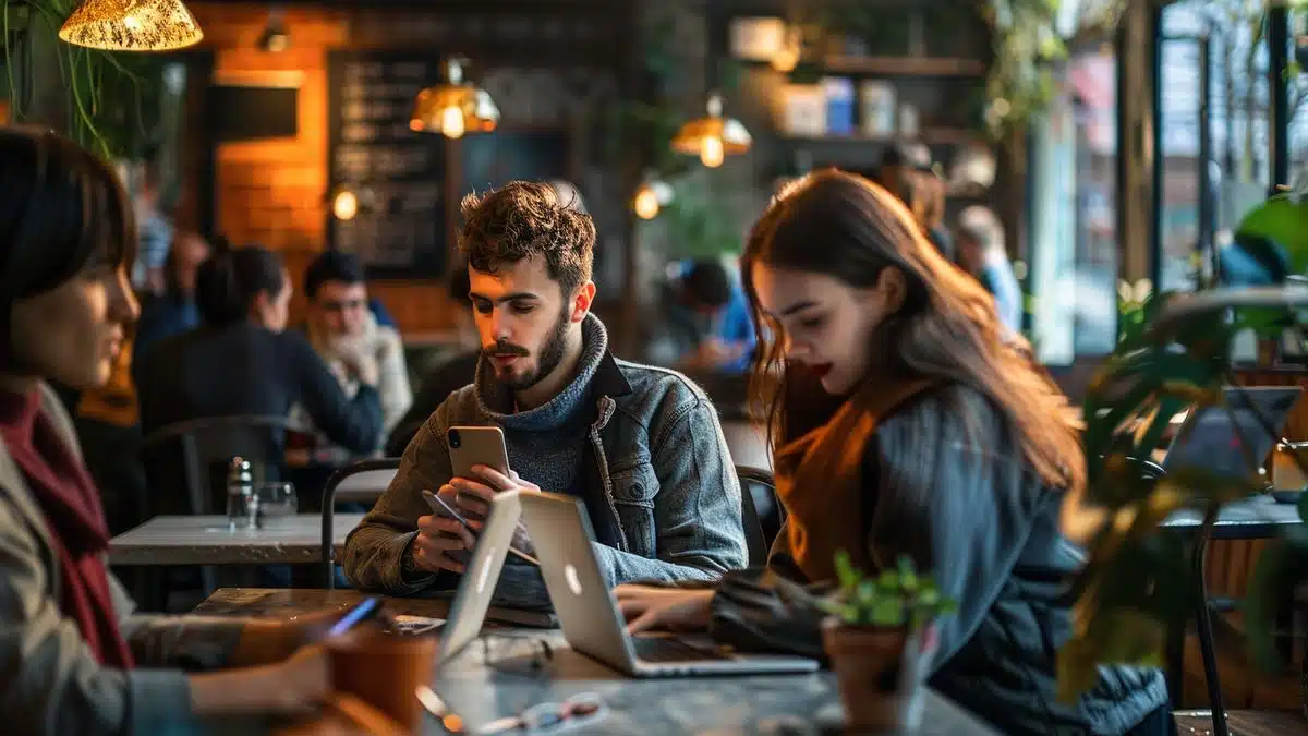 People using smartphones and laptops in a busy café.