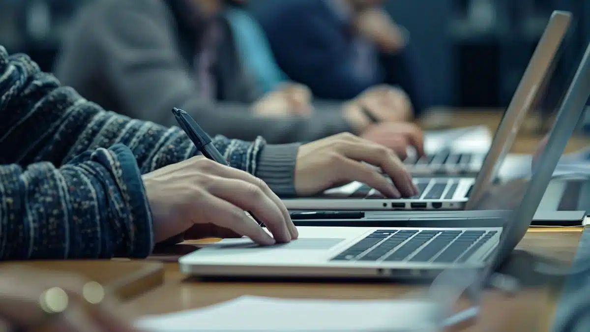 Manos escribiendo en computadoras portátiles y tomando notas durante una discusión en equipo interdisciplinario.