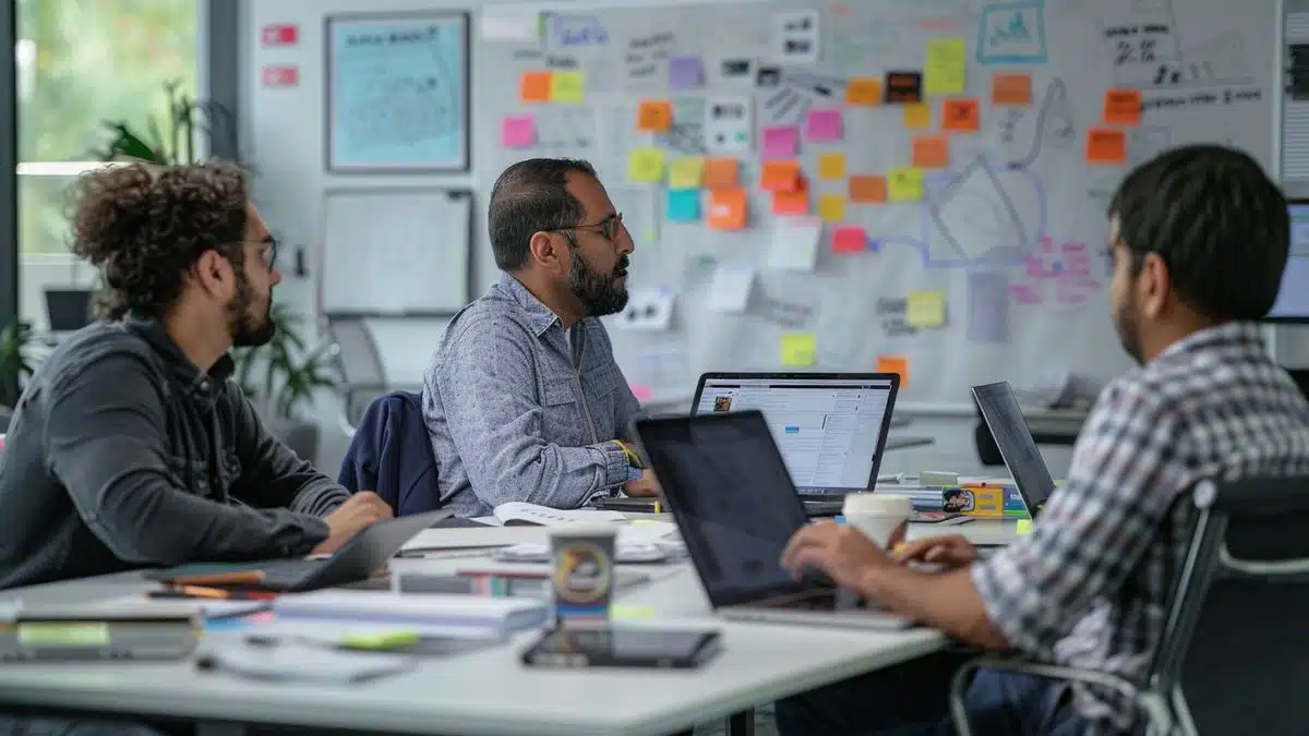 Team of employees working on laptops, brainstorming digital solutions on a whiteboard.