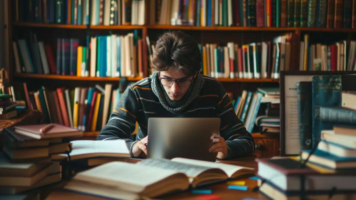 Persona analizando materiales de certificación de ciberseguridad en una computadora portátil, rodeada de libros y notas.