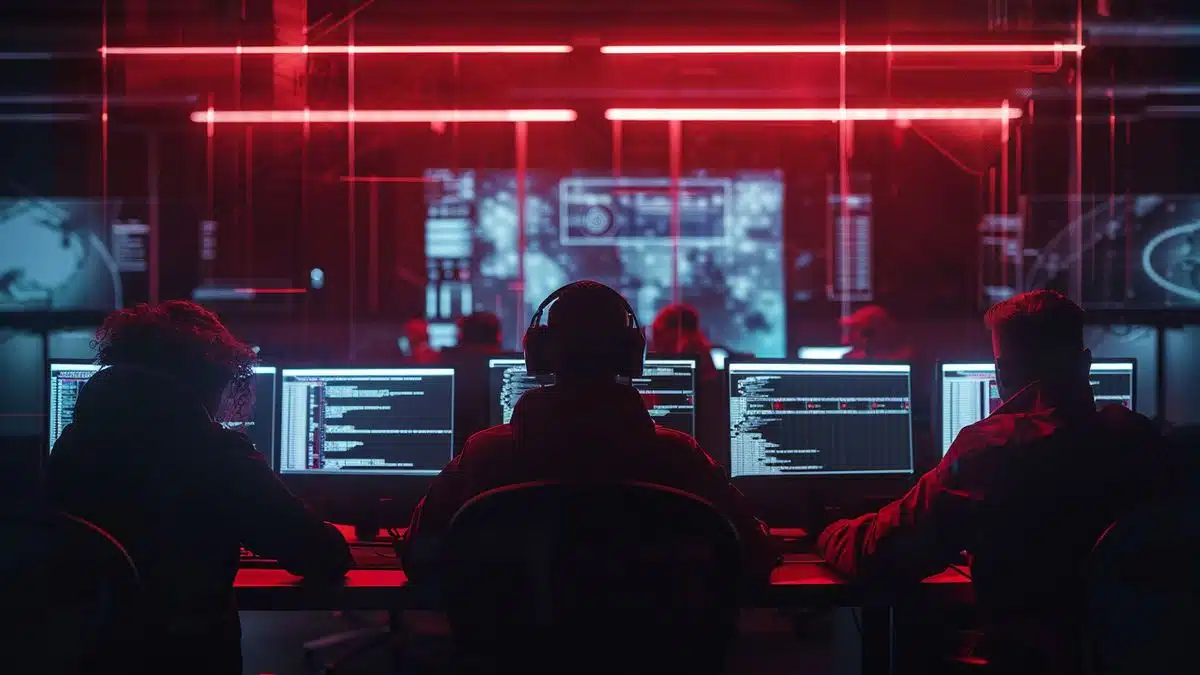 Red team unnoticed, analyzing data on multiple screens in a dimly lit room.