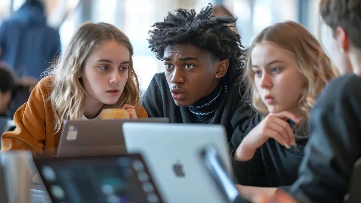 Group of students discussing discovered vulnerabilities, worried expressions, laptops open.