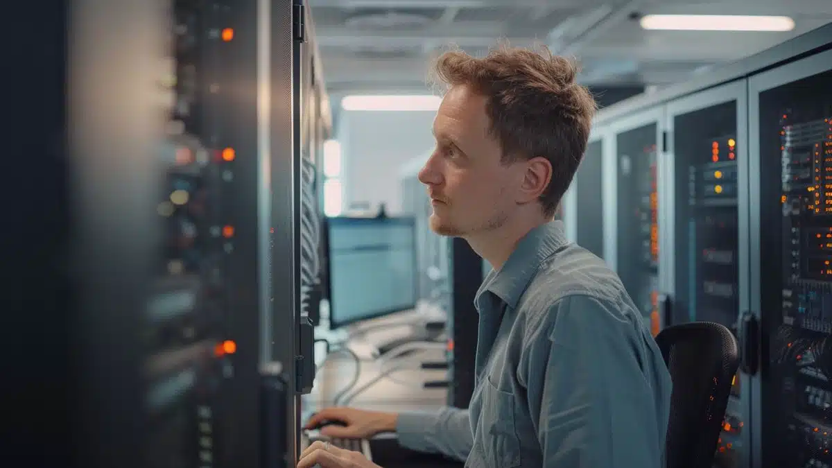 Engineer configuring advanced network systems in a modern office.