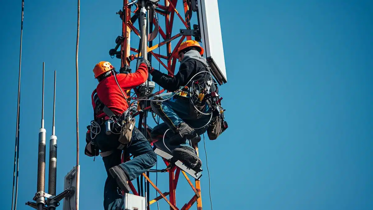 Engineers adjusting antennas on a  tower in Grand West under a clear blue sky.