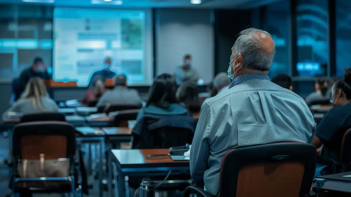 Academic professionals presenting improved training programs to a focused audience.