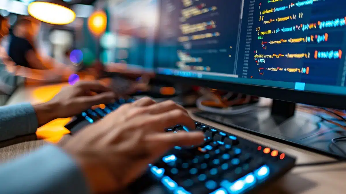 Closeup of hands typing on a keyboard, code displayed on screen.