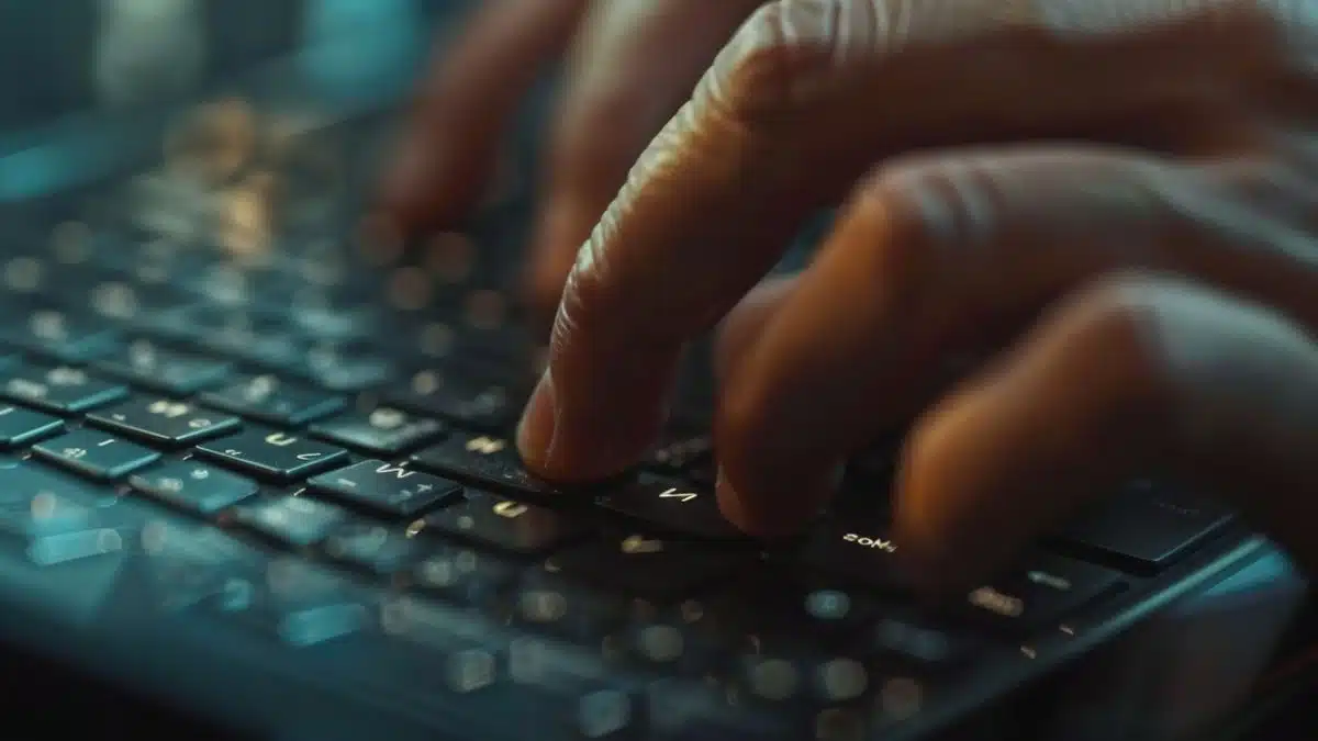 Closeup of hands typing on a secure laptop.